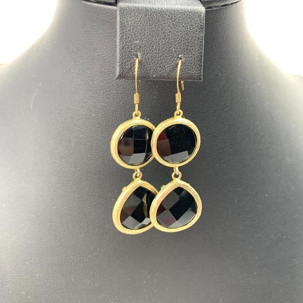 Dual Princess Cut Inset Stone Drop Earrings - Black/Gold 2" - Picture 2 of 6